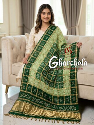 Forest Green Pista Rai Bandhani Gharchola Dupatta Pure Gaji Silk
