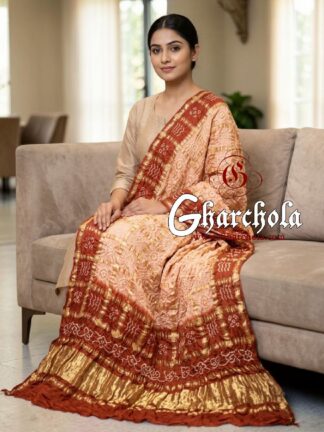 Terracotta Pale Peach Rai Bandhani Gharchola Dupatta Pure Gaji Silk