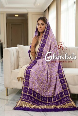 Deep Violate Lavender Rai Bandhani Gharchola Dupatta Pure Gaji Silk