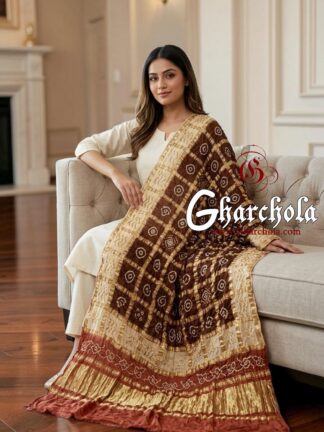 Chocolate Beige Brown Rai Bandhani Gharchola Dupatta Pure Gaji Silk