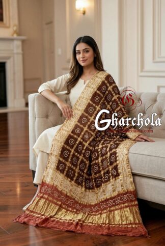 Chocolate Beige Brown Rai Bandhani Gharchola Dupatta Pure Gaji Silk