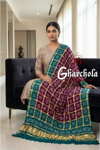 Teal Plum Rai Bandhani Gharchola Dupatta Pure Gaji Silk