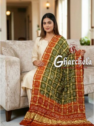 Burnt Orange Olive Green Rai Bandhani Gharchola Dupatta Pure Gaji Silk