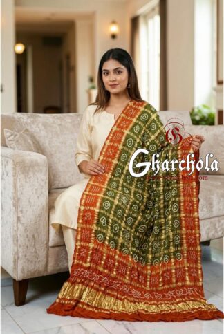 Burnt Orange Olive Green Rai Bandhani Gharchola Dupatta Pure Gaji Silk