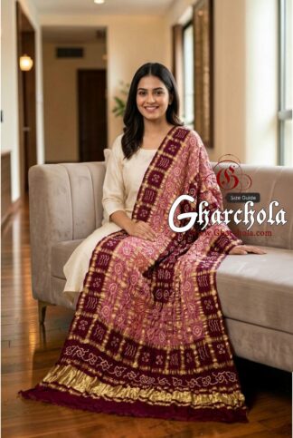Wine Dusty Pink Wine Rai Bandhani Gharchola Dupatta Pure Gaji Silk