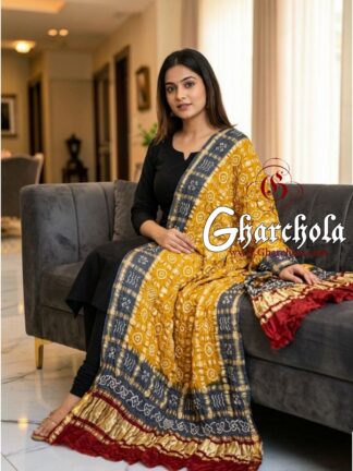 Red charcoal Mustard Rai Bandhani Gharchola Dupatta Pure Gaji Silk