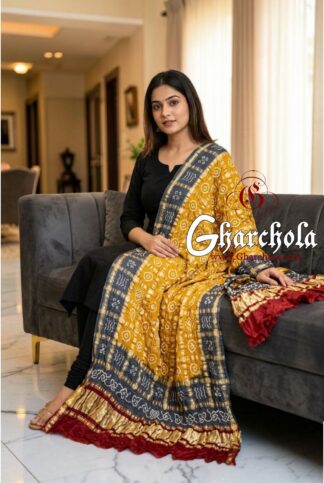 Red charcoal Mustard Rai Bandhani Gharchola Dupatta Pure Gaji Silk
