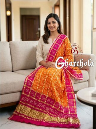 Pink Orange Rai Bandhani Gharchola Dupatta Pure GajiSilk