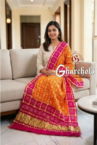 Tangerine Hot Pink Rai Bandhani Gharchola Dupatta Pure Gaji Silk