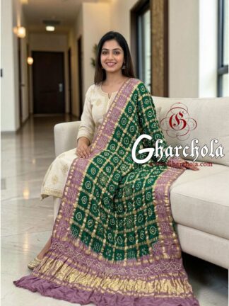 Dusty Lilac Emerald Green Rai Bandhani Gharchola Dupatta Pure Gaji Silk