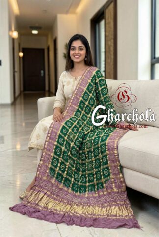 Dusty Lilac Emerald Green Rai Bandhani Gharchola Dupatta Pure Gaji Silk