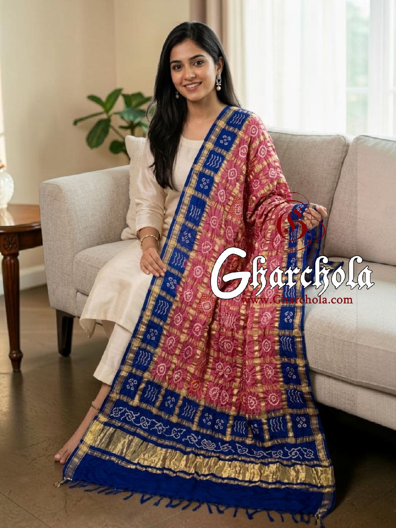 Blue Dusty Rose Rai Bandhani Gharchola Dupatta Pure Gaji Silk