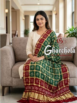 Green Red Green Rai Bandhani Gharchola Dupatta Pure Gaji Silk