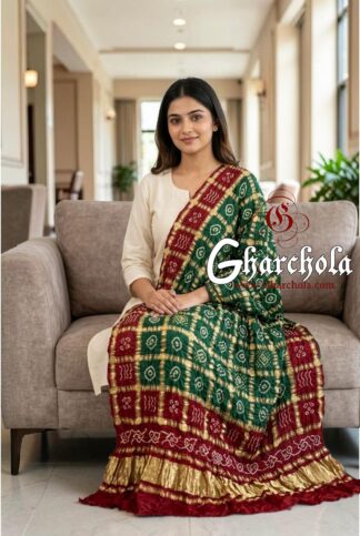 Green Red Green Rai Bandhani Gharchola Dupatta Pure Gaji Silk