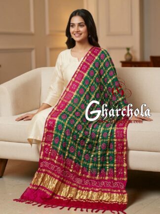 Pink Green Pink Rai Bandhani Gharchola Dupatta Pure Gaji Silk