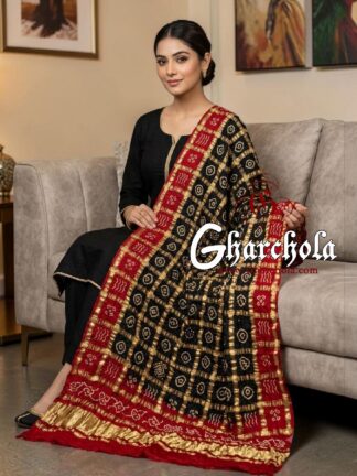 Blood Red Black Rai Bandhani Gharchola Dupatta Pure Gaji Silk