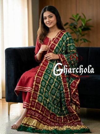 Green Marron Green Rai Bandhani Gharchola Dupatta Pure Gaji Silk