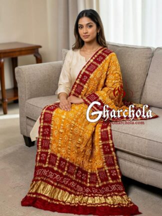Blood Red Golden Rai Bandhani Gharchola Dupatta Pure Gaji Silk