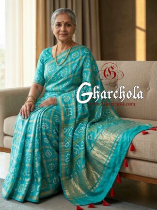 Water Blue Rai Bandhani Pure Gaji Silk Gharchola Saree