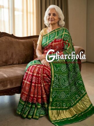 Green Red Rai Bandhani Pure Gaji Silk Gharchola Saree