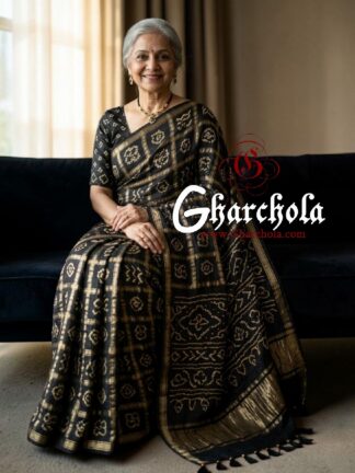 Extreme Black Rai Bandhani Pure Gaji Silk Gharchola Saree