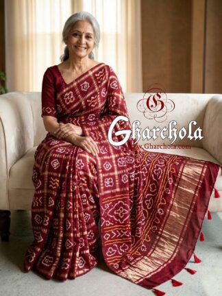 Kasumbi Marron Rai Bandhani Pure Gaji Silk Gharchola Saree