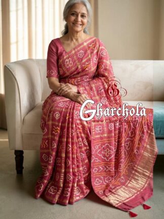 Pink Rose Rai Bandhani Pure Gaji Silk Gharchola Saree