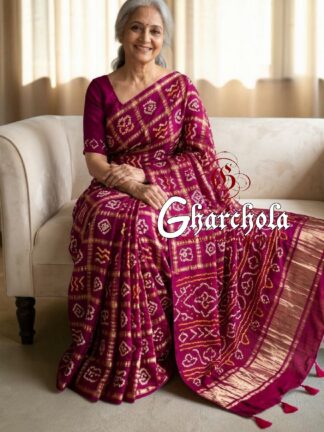 Magenta Rai Bandhani Pure Gaji Silk Gharchola Saree