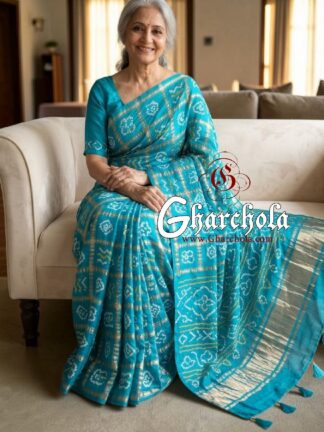 Cool Sky Rai Bandhani Pure Gaji Silk Gharchola Saree