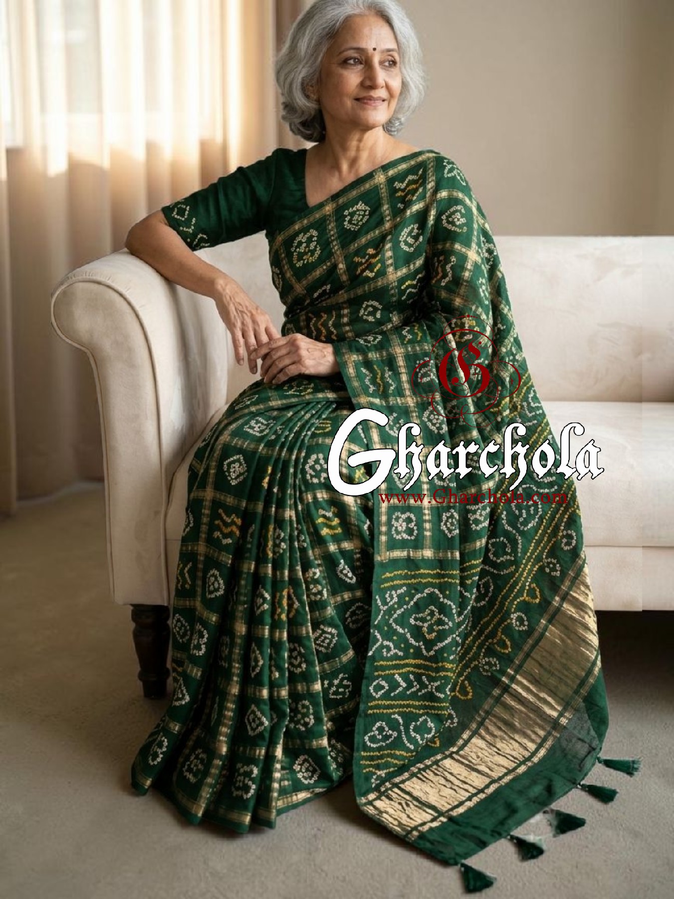 Wed Green Rai Bandhani Pure Gaji Silk Gharchola Saree