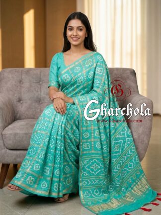 Aqua Rai Bandhani Pure Gaji Silk Gharchola Saree