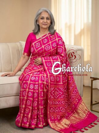 Pink Rai Bandhani Pure Gaji Silk Gharchola Saree