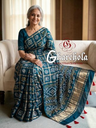 Peacock Blue Gharchola Saree Pure Gaji Silk Bandhani