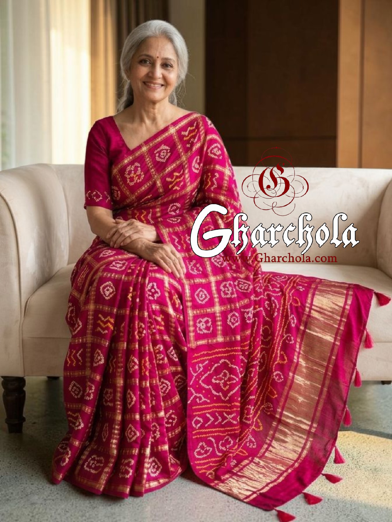 Rani Rai Bandhani Pure Gaji Silk Gharchola Saree