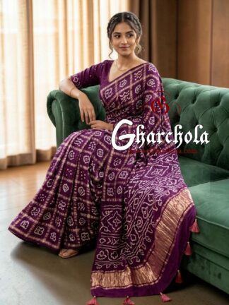 Deep Magenta Rai Bandhani Pure Gaji Silk Gharchola Saree