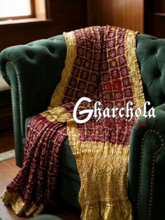 Metallic Gold Marron Rai Bandhani Pure Gaji Silk Gharchola Saree