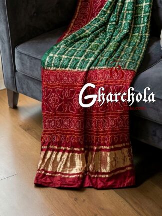 Red Palav Green Rai Bandhani Pure Gaji Silk Gharchola Saree