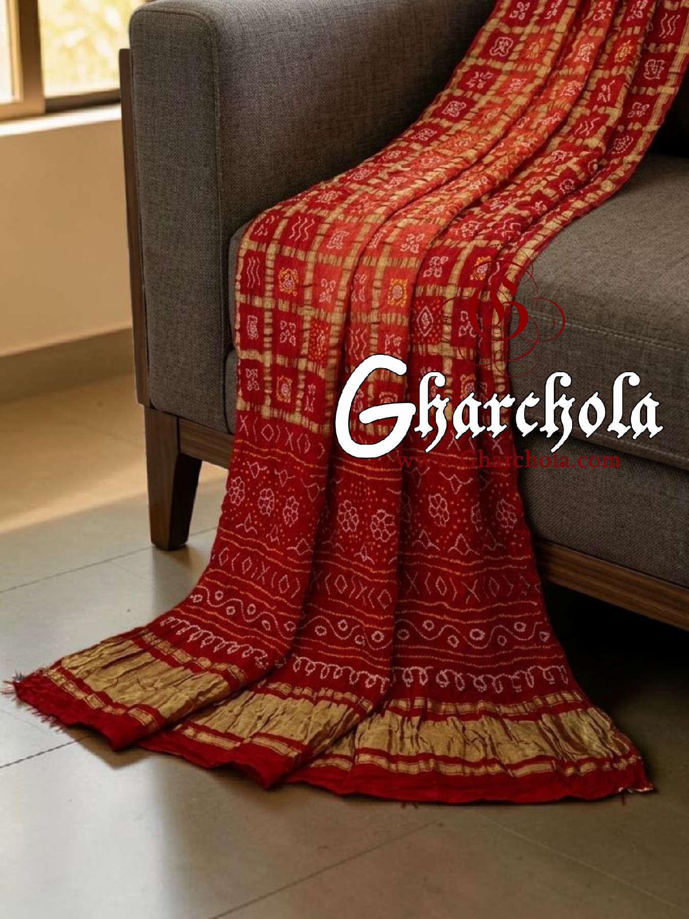 Red Orange Rai Bandhani Pure Gaji Silk Gharchola Saree