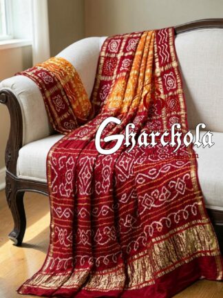 Blood Red Golden Rai Bandhani Pure Gaji Silk Gharchola Saree