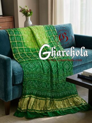 Green Parrot Rai Bandhani Pure Gaji Silk Gharchola Saree