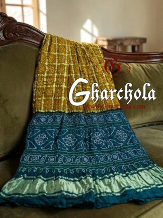 Peacock Palav Mustard Rai Bandhani Pure Gaji Silk Gharchola Saree
