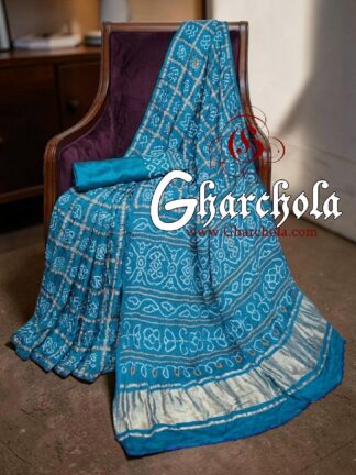 Dreamy Sky Rai Bandhani Pure Gaji Silk Gharchola Saree