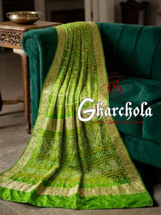 Parrot Bandhani Gharchola Saree with Naksi Zari & Ancient Motifs
