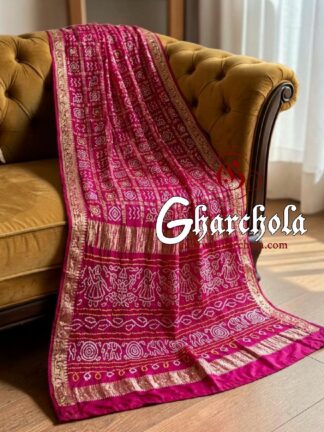 Rani Pink Bandhani Gharchola Saree with Naksi Zari & Ancient Motifs