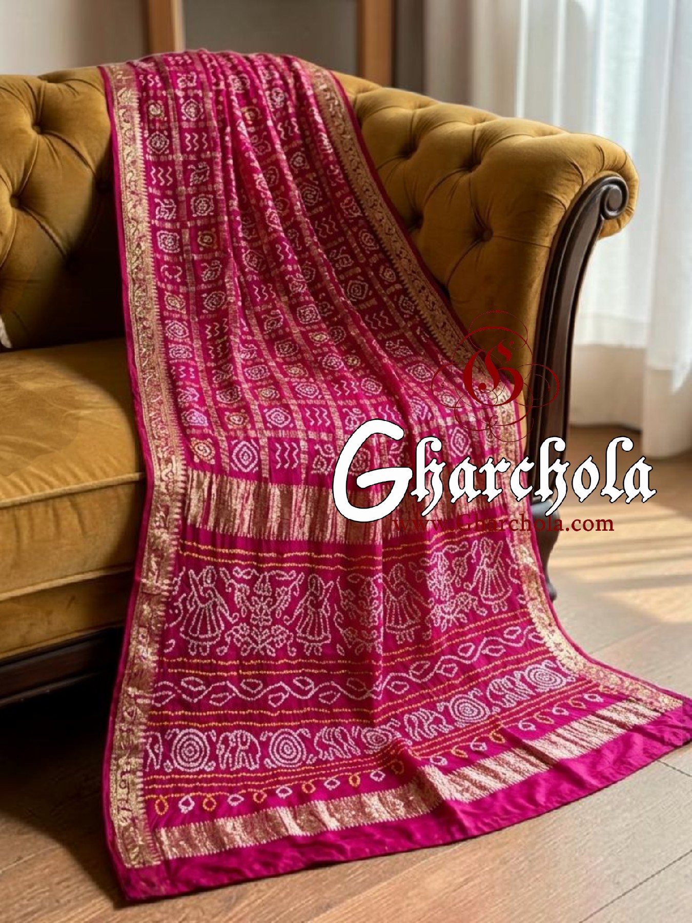 Rani Pink Bandhani Gharchola Saree with Naksi Zari & Ancient Motifs