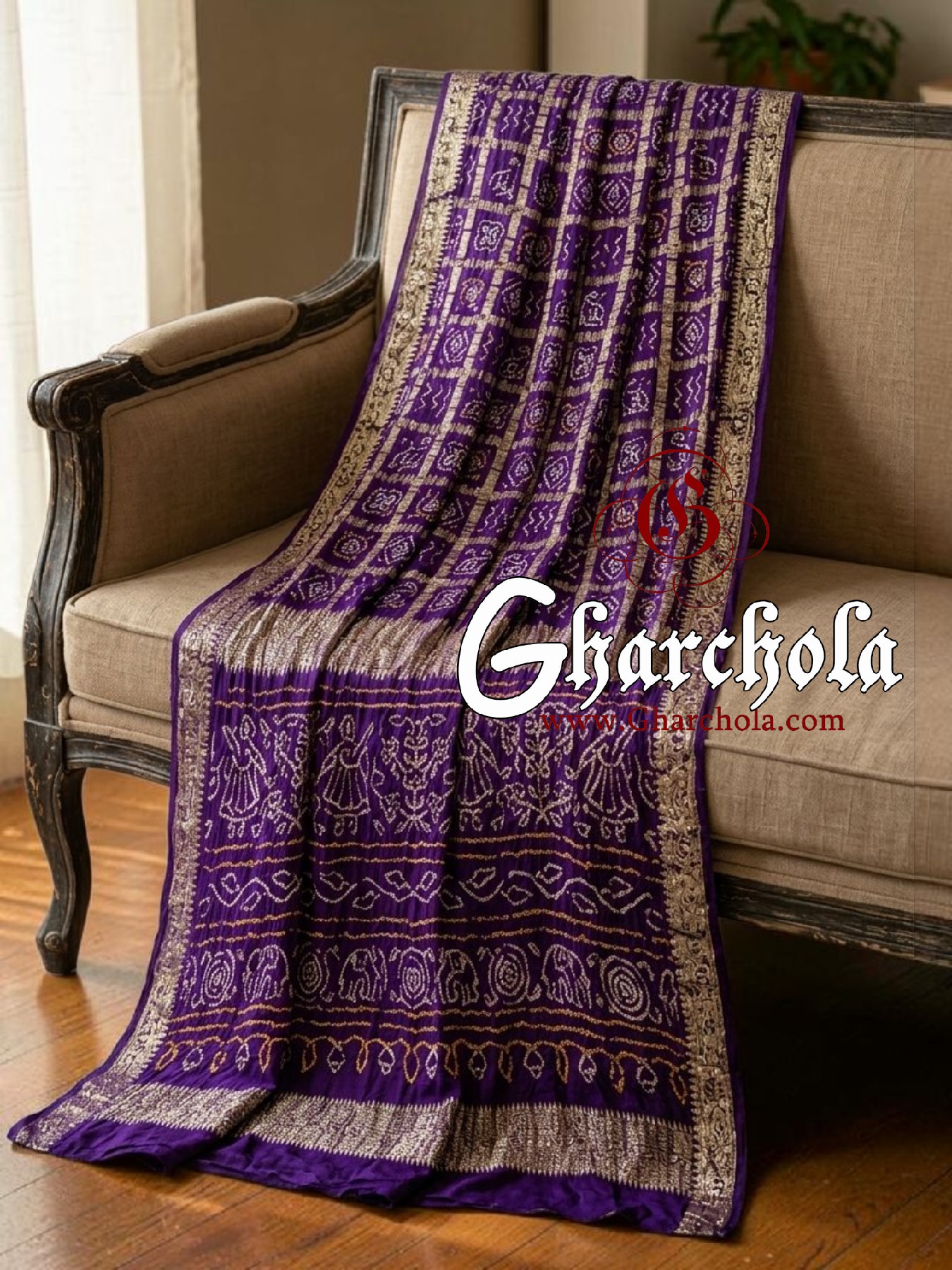 Purple Bandhani Gharchola Saree with Naksi Zari & Ancient Motifs