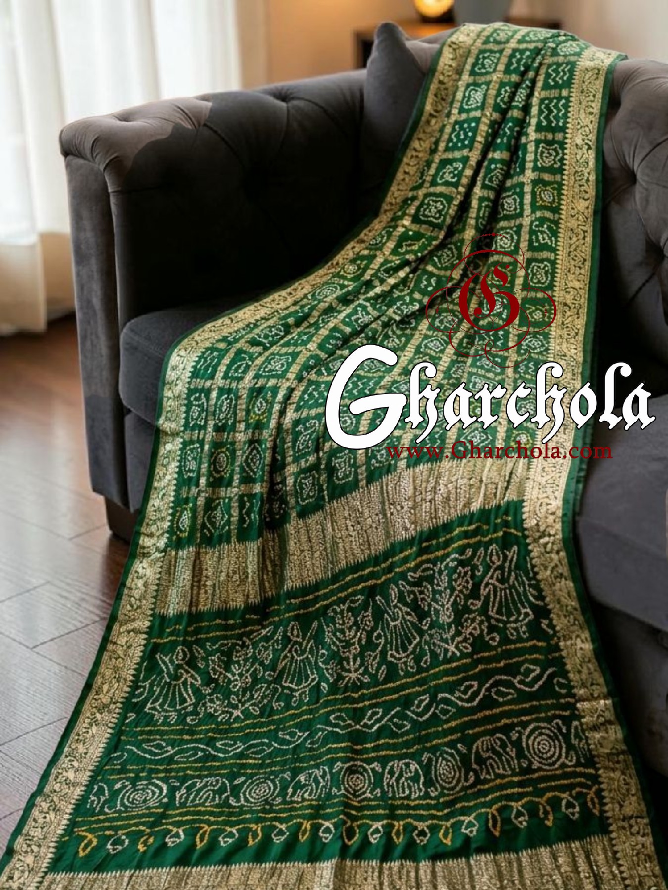 Green Bandhani Gharchola Saree with Naksi Zari & Ancient Motifs