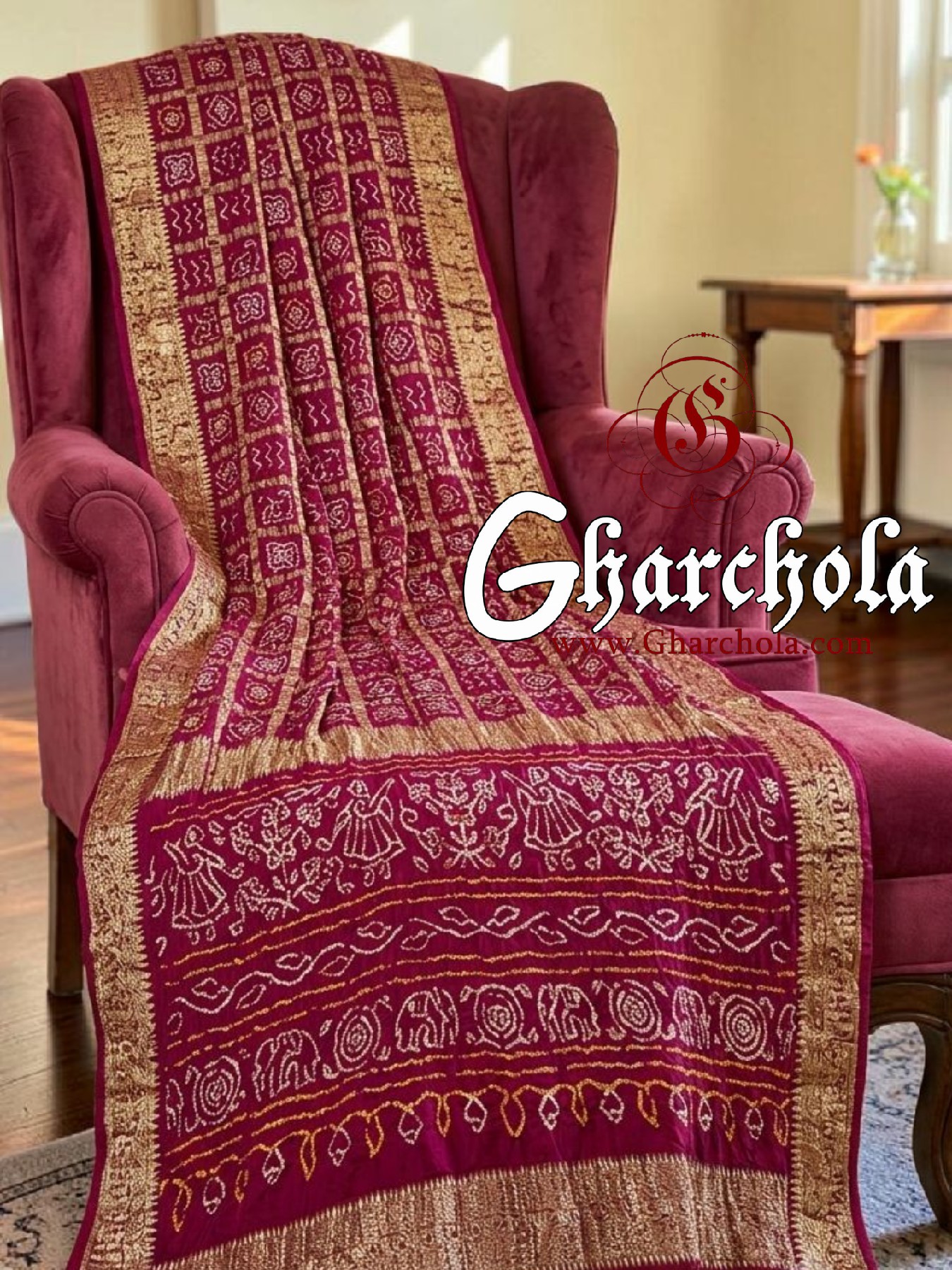 Magenta Bandhani Gharchola Saree with Naksi Zari & Ancient Motifs