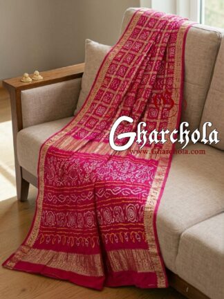 Pink Bandhani Gharchola Saree with Naksi Zari & Ancient Motifs