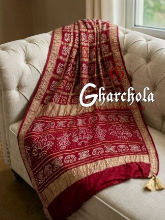 Blood Red Bandhani Gharchola Saree with Naksi Zari & Ancient Motifs